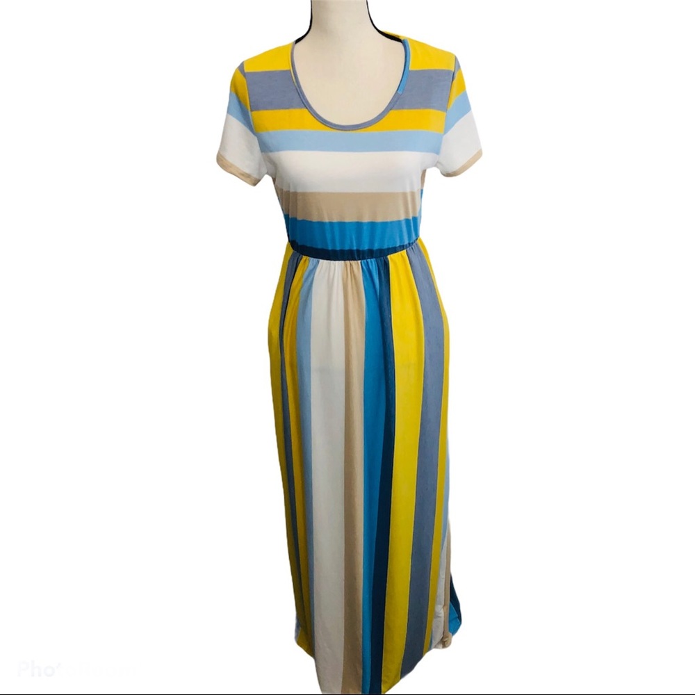 Striped Maxi Dress in Blue, Yellow, and White